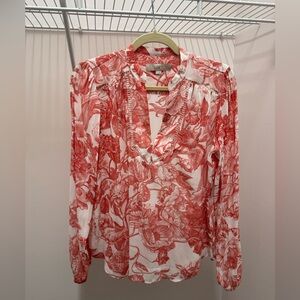LOFT Red and White Mandarin Collar Blouse - Size S